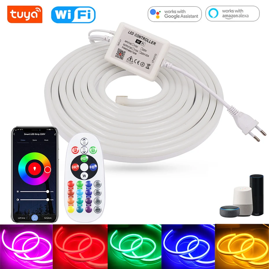 Tuya Smart LED Light 220V RGB Neon Strip 5050 Waterproof Flexible Tape Bluetooth or Wifi Control Work With Alexa Google For Home