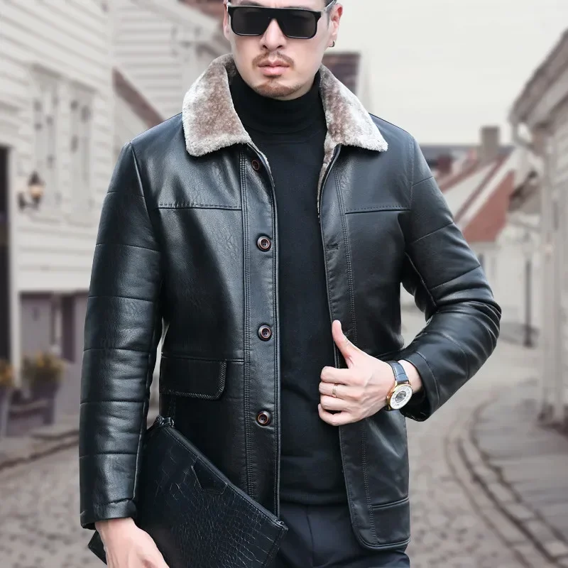 

YXL-838 Natural Leather Men's Autumn and Winter Sheepskin Casual Lapel Mid Length Business Leather Down Jacket Plus Size