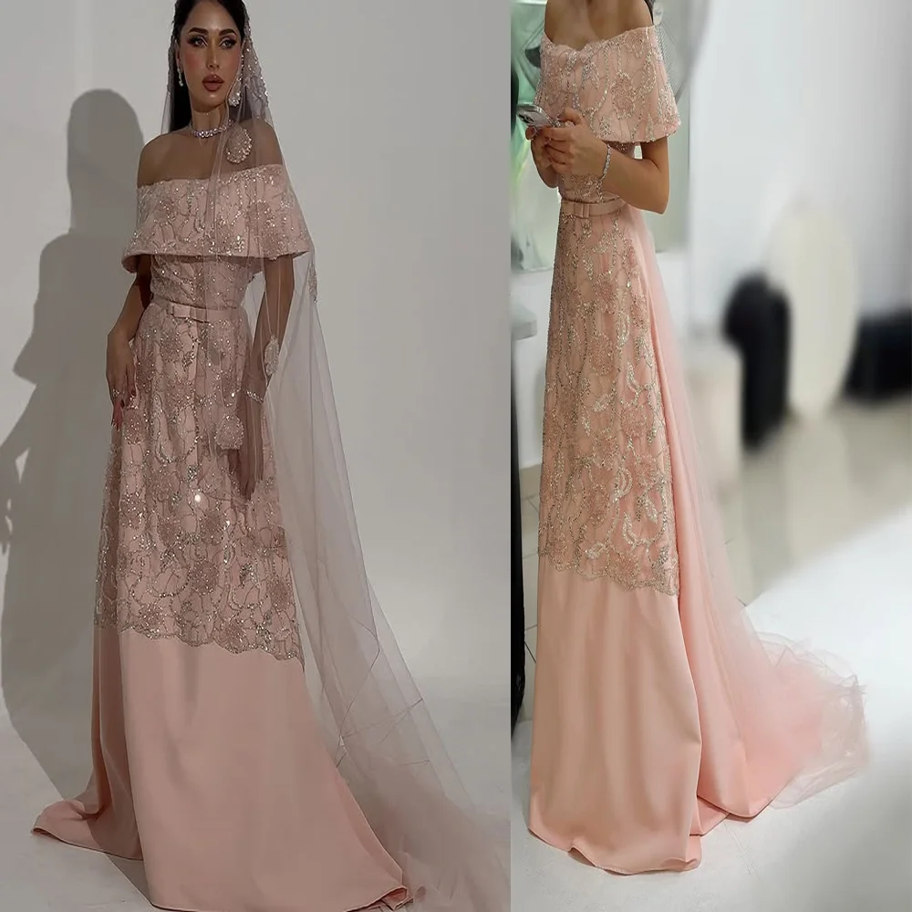 Vestido de fiesta de noche elegante con cuello barco, satén, lentejuelas florales, corte en A, sin espalda, vestido árabe de graduación con tren de barrido personalizado