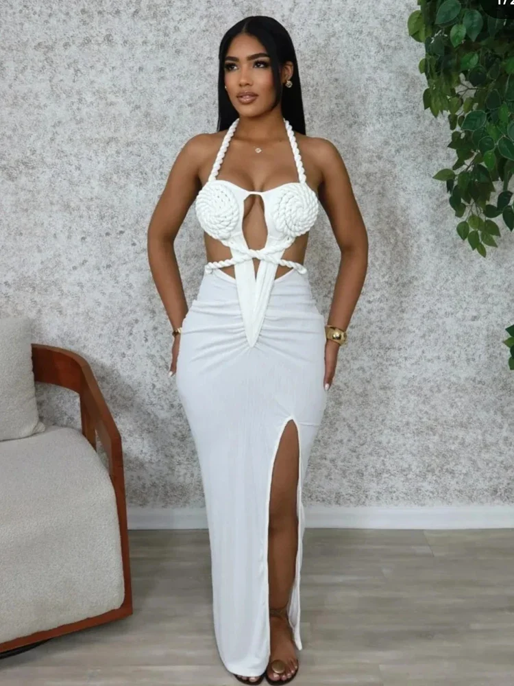 Vestido maxi feminino recortado franzido laranja sexy halter pescoço sem costas fenda alta bandagem vestidos de festa roupas de aniversário