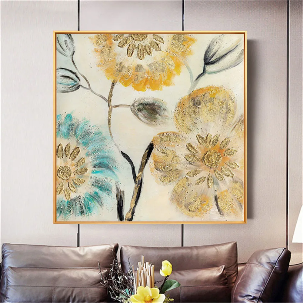 

High Quality Hand-Painted Gold Oil Painting On Canvas Large Wall Art Pictures Abstract Gold Flower Paintings For Home Decor Sofa