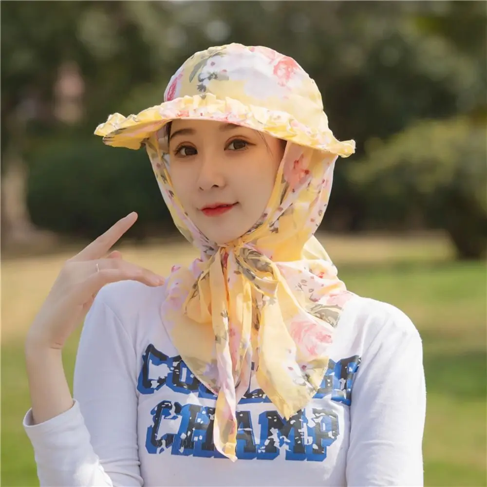 Printing Tea Picking Hat UV Protection Face Mask Sunshade Shawl Cap Sun Protection Wide Brim Neck Protection Hat Fishing