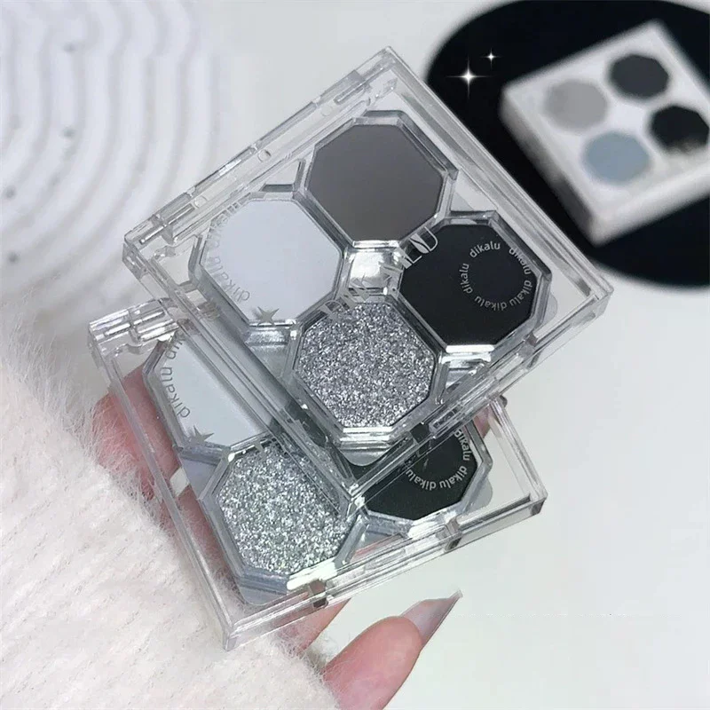 DIKALU 4-Color Punk Smokey Matte Glitter Eyeshadow Palette Shimmer Eye Shadow Makeup Palette Cool Toned Gray Black Eye Palette