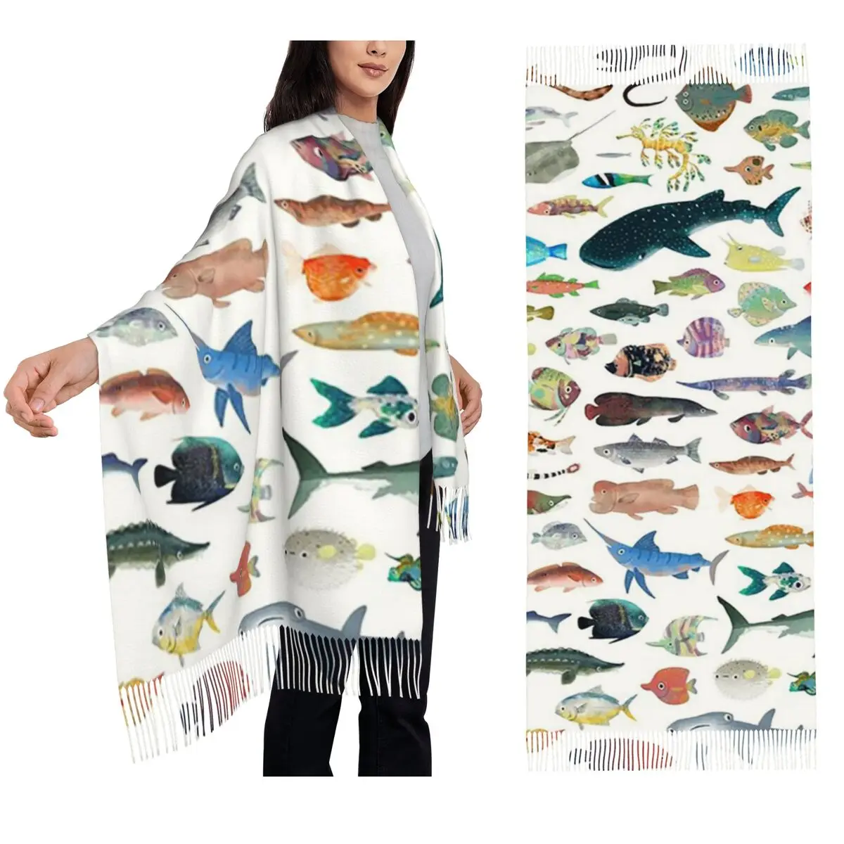 One Hundred Fish Ocean Life Scuba Diving Scarf Tassel Scarves Women Soft Warm Shawls and Wraps Large Fall Winter Shawl Wrap