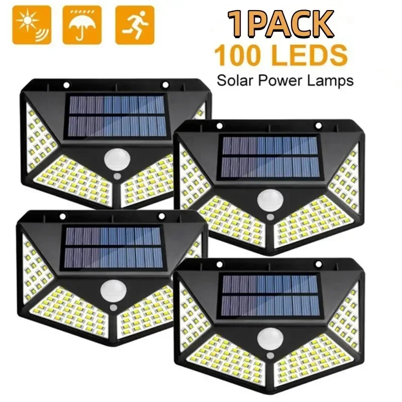 100 LED Solar Wall Lamp 4 Sides Luminous With Motion Sensor Human Induction Courtyard Waterproof Stairs Outdoor Wall Light