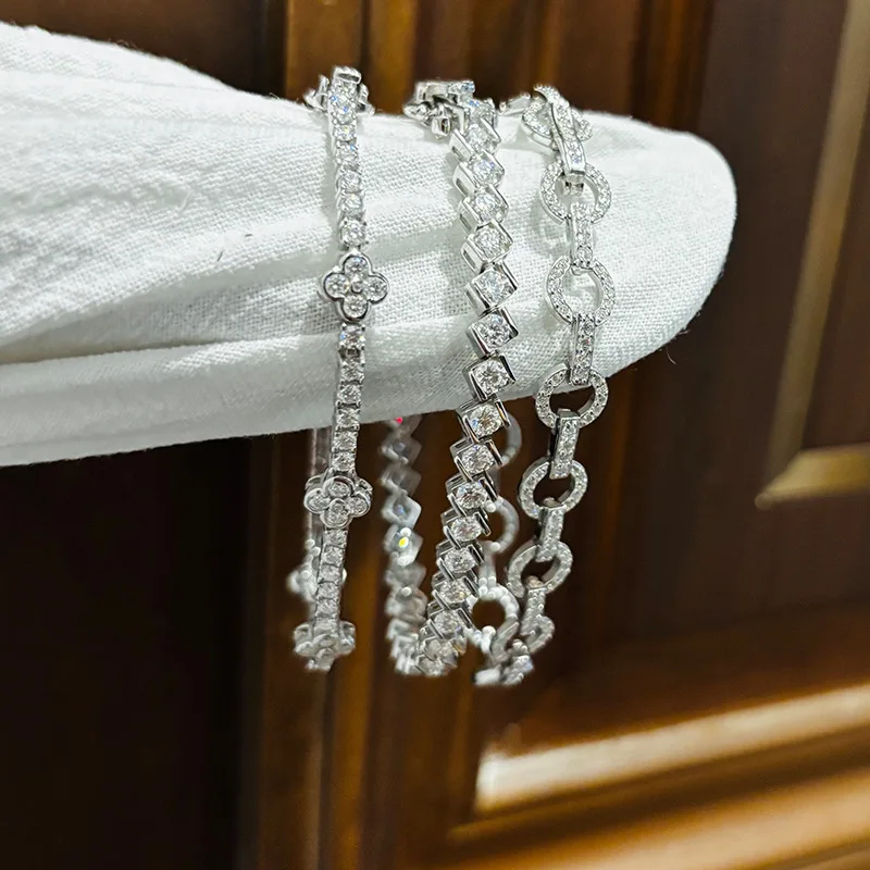 

S925 Silver Lucky Clover Full Row Moissanite Bracelet for Women, Elegant Fine Jewelry Gift