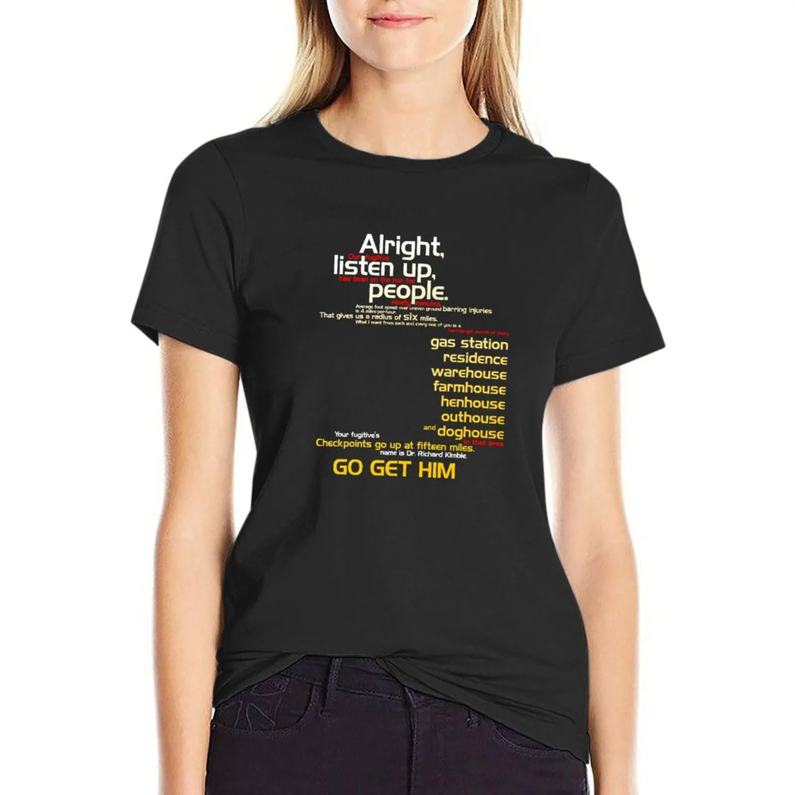 The Fugitive - Alright Listen Up People... T-Shirt lady clothes vintage clothes cropped t shirts for Women