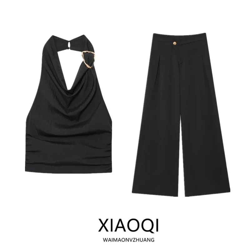 

Женский повседневный комплект из двух предметов: топ с воротником-стойкой и длинные брюки. Новинка лета. Европейский стиль. Осенняя коллекция.