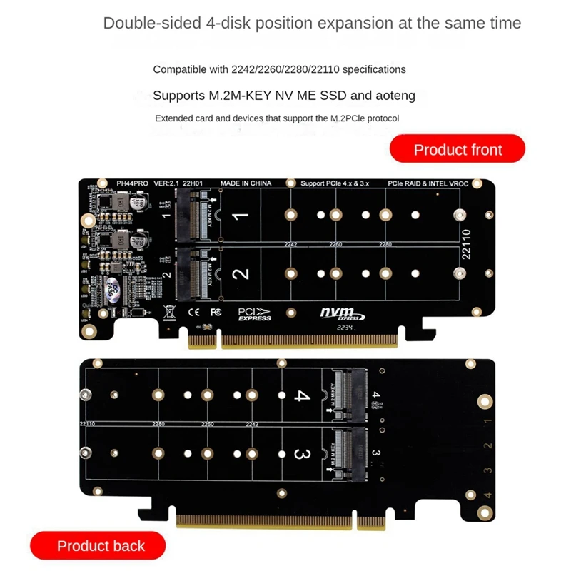 PCIE 4.0 Dual-Disk PCIeX16 to M.2 M-Key NVME SSD Expansion Card,Supports 4 NVMe M.2 M Key 2280 SSD-DTA9