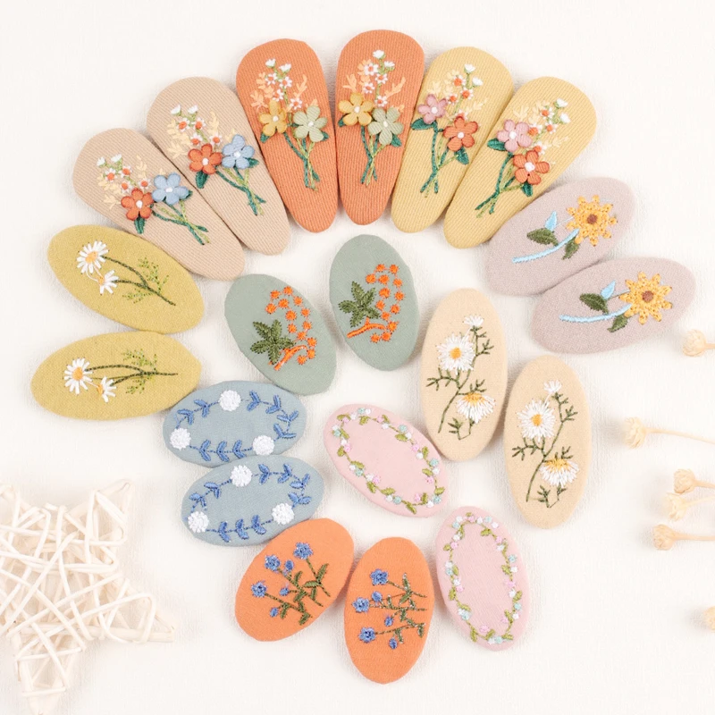 2/6PCS Cute Embroidery Drop Shape Hairpin Vintage Floral Girl BB Hairpin Headwear Children\'s Baby Hair Accessories