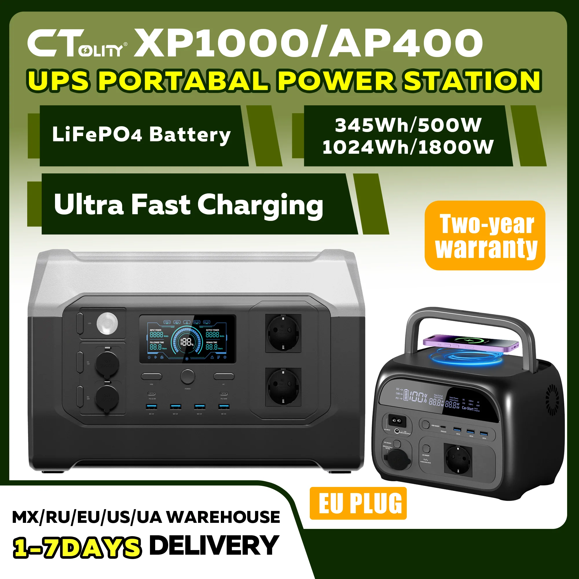 CTOLITY AP400 XP1000 500W/1800W Tragbare Powerstation 345Wh/1024Wh 108000mAh/320000mAh LiFePO4-Akku Solargenerator USV-Funktion Notstromversorgung für Camping und Outdoor
