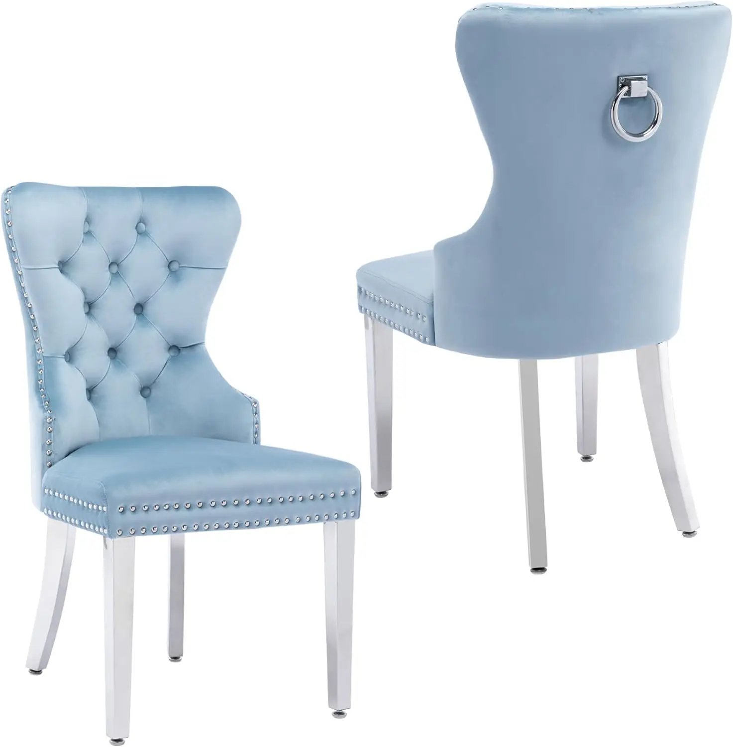 Velvet Dining Chairs Set of 2, Luxurious Upholstered Tufted Dining Chairs w/ Stainless Steel Legs and Pull Ring Trim, Light Blue