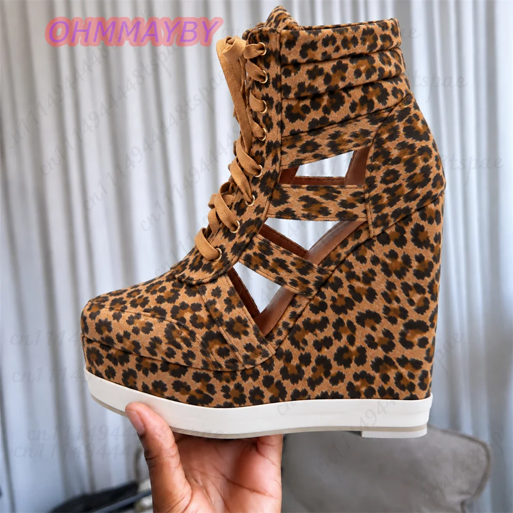 Women Leopard Print Faux Suede Wedge Ankle Boots Lace Up Cutout Platform High Heels Closed Toe Strappy Caged Party Club Booties