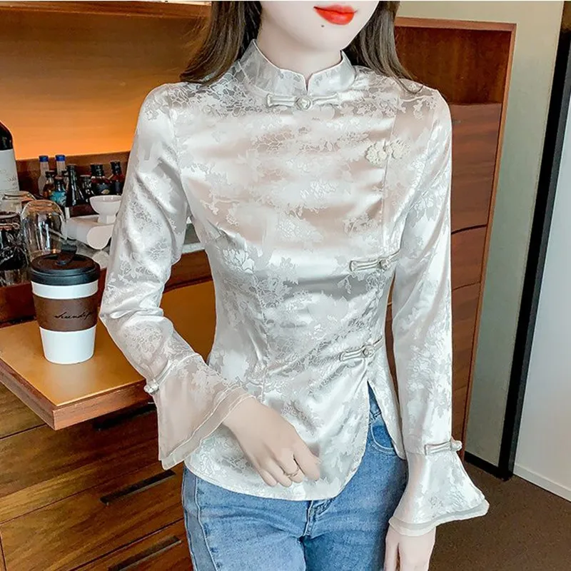 

Chinese Style Knot Button Printed Shirt 2025 Women Spring Autumn Stand Collar Flare Sleeve Blouses Femme Elegant Retro Shirt Top