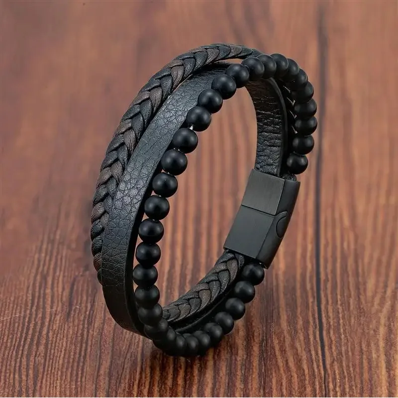 

Classic fashion volcanic stone multi layer leather bracelet for Men charm stainless steel magnetic clasp bangle jewelry gift