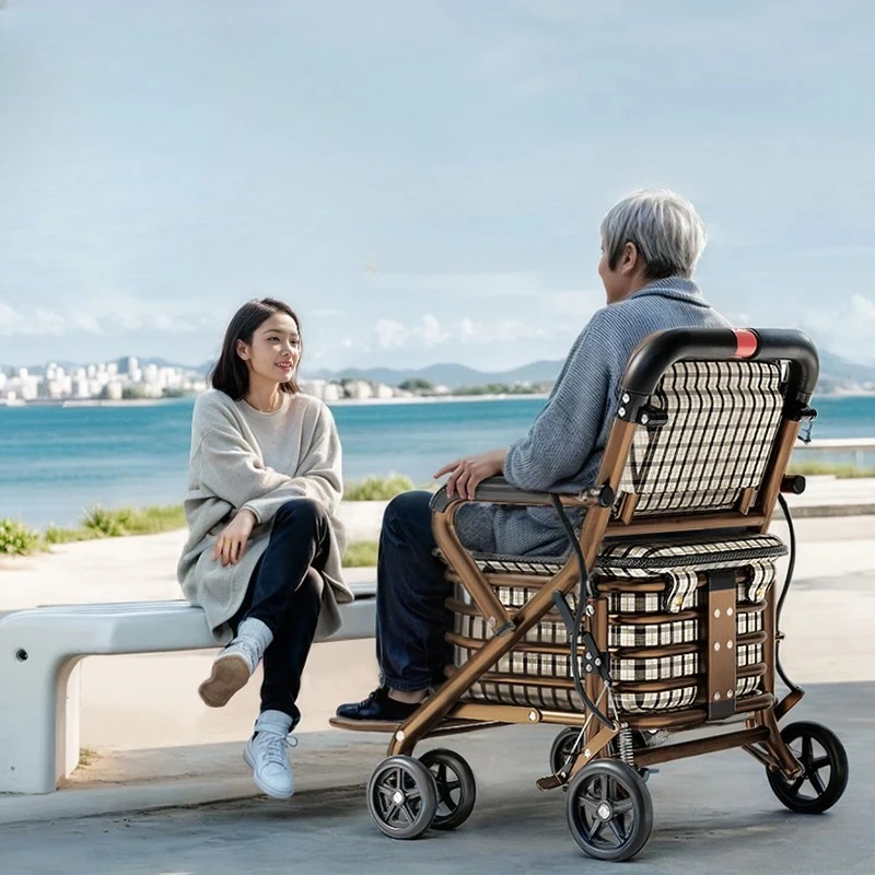 ‌Foldable Senior Walker with Seat - Lightweight Shopping Cart, Portable Grocery Trolley, Sturdy Mobility Aid for Elderly