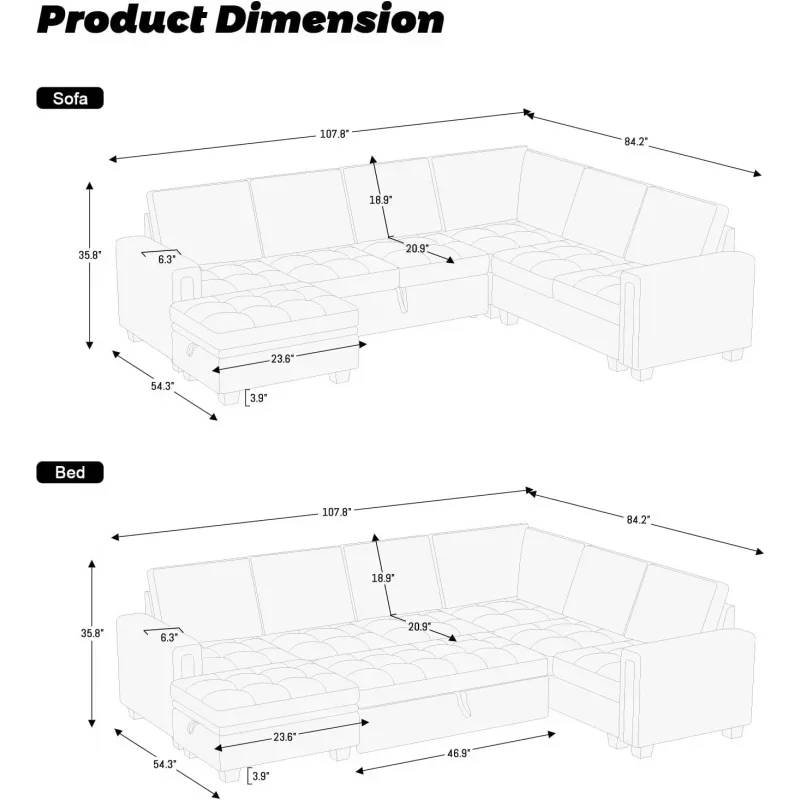 Modular Sectional Sleeper Sofa with Pull Out Bed U Shaped Sectional Sofa Couch Storage Ottoman Velvet Covertible 7-seater S