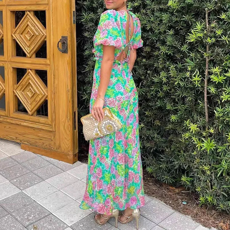 우아한 백리스 할로우 레이스 업 롱 드레스 섹시한 v 넥 하이 웨이스트 보헤미안 드레스 패션 플라워 프린트 퍼프 슬리브 파티 드레스