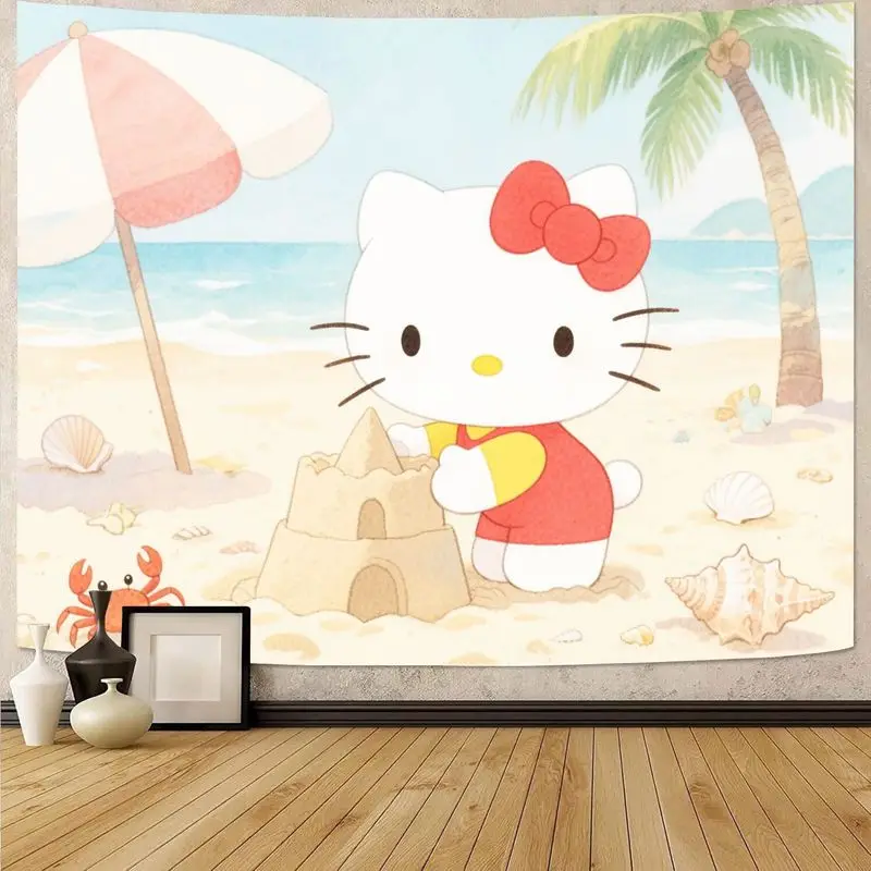 

1 шт. милый гобелен с пляжной тематикой Hello Kitty, красочные настенные рисунки для детской комнаты, декора гостиной, идеальный подарок для фанатов.