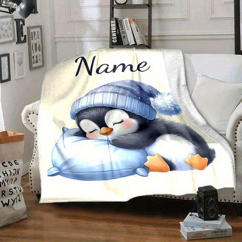 custom name sleeping penguin blanket,soft and reversible,suitable for sofa or bed,modern design suitable for all four seasons