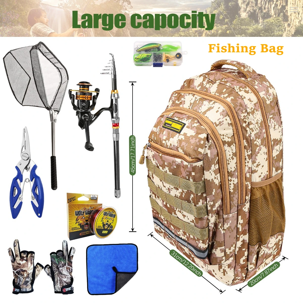 Outdoor Multifunctional Fishing Backpack, Large Storage Space Fits Complete Fishing Tackle Kit, Portable Waterproof Outdoor Bag