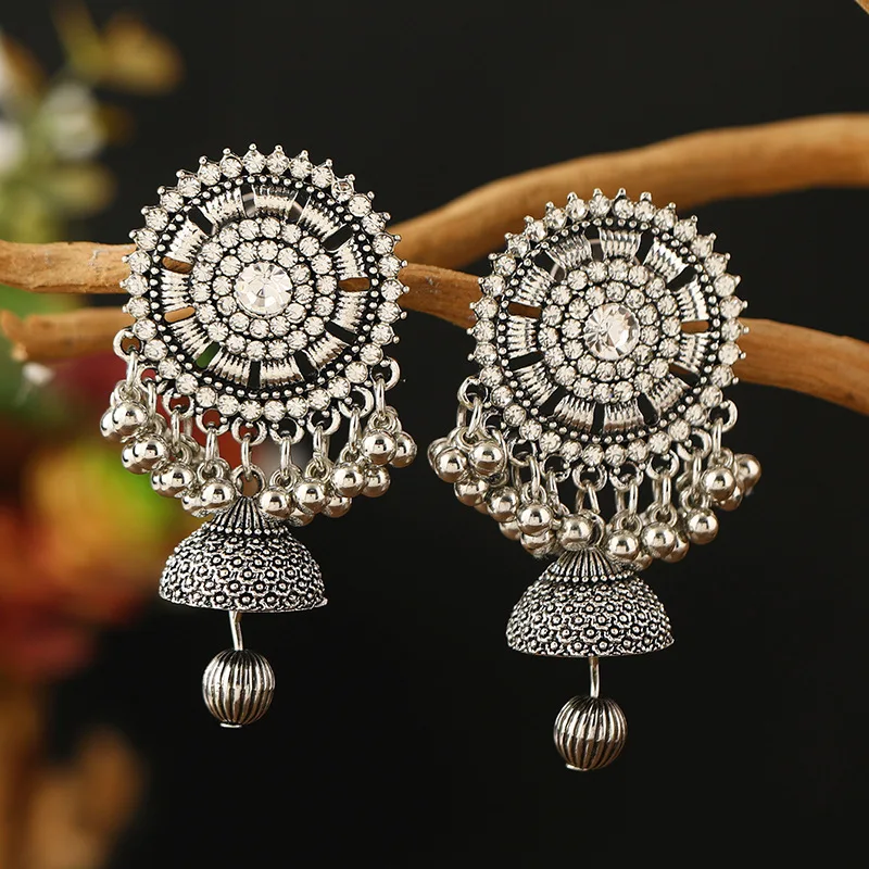 Vintage Big Crystal Bells Tassel Drop Earrings for Women Bohemian Exotic Oxidized Silver Color Metal Statement Earrings Indian