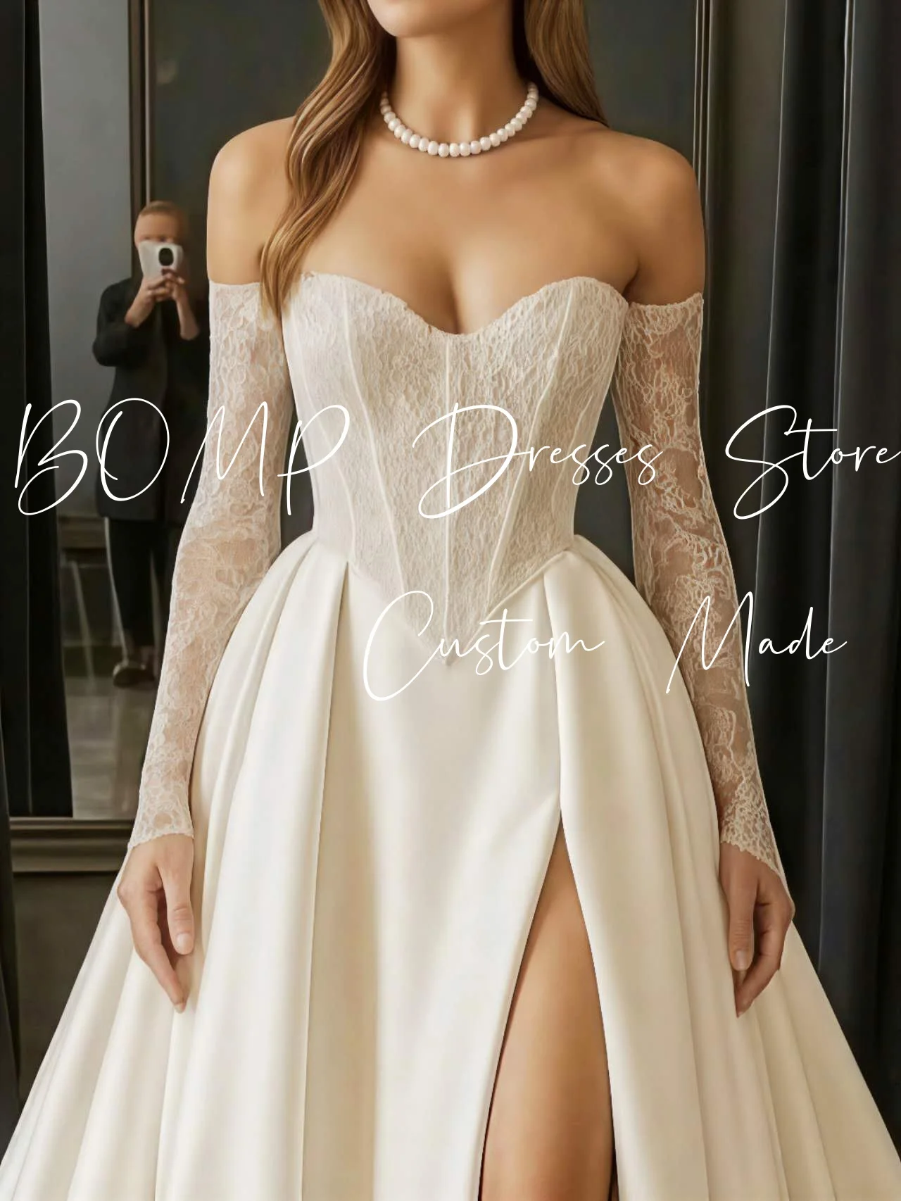 BOMP luxe épaules dénudées robe de mariée chérie ivoire Satin Corset côté haute fente robe de mariée personnalisé Vestido de novia