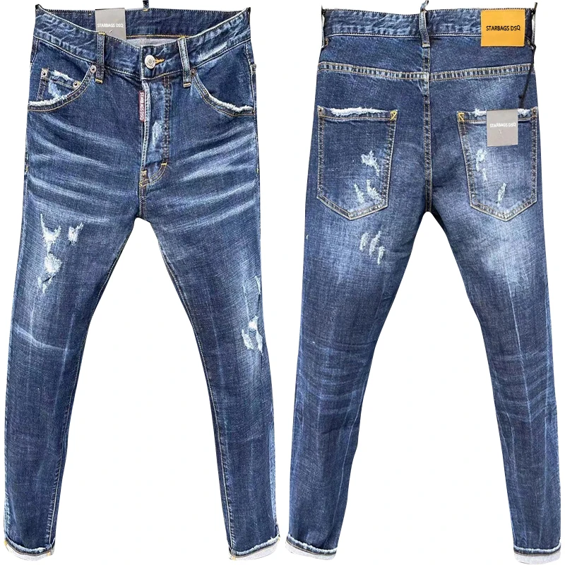 

starbags dsq D066 New jeans Rags Splash Paint Men's slim-fit fabric Stretch jeans Blue skinny casual pants