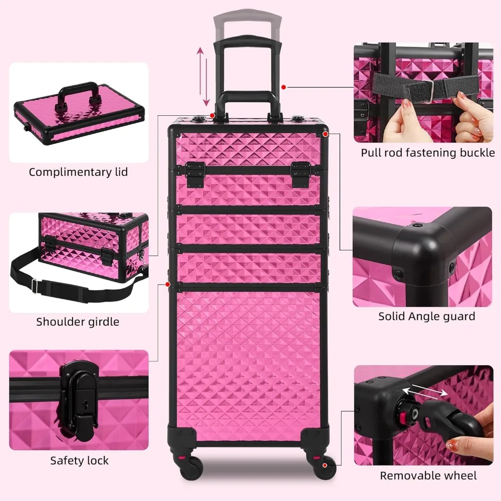 Imagem -03 - Maquiagem Train Case com Tampa em Beauty Box com Rodas Grande Organizador de Cosméticos Rolo