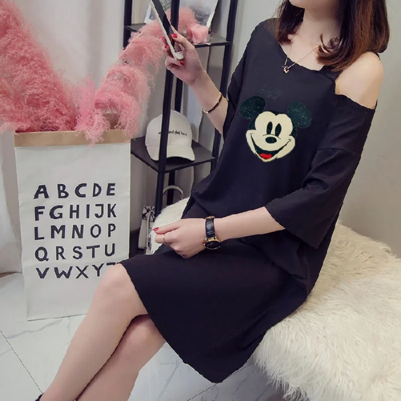 Women Sleeping Dress Short Sleeve Nightgown Summer Ladies Sleepwear Lounge Cartoon Print Pajamas Cute Casual Dress