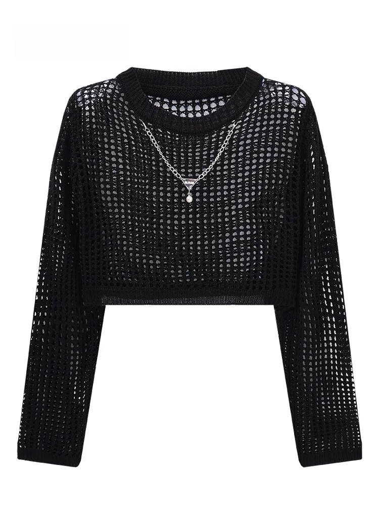 

JZZDEMM Women's Loose Knitted Sweater Hollow out Top Chain Decoration Outerwear Summer Vintage Sle Long Sve Crew Ne
