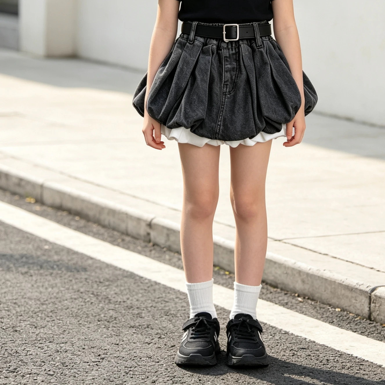 Girls Black Denim Mini Skirt With Belt Elastic Waist Puffy Bubble Hem White Inner Liner Pleated Short Skirt For Teen Streetwear