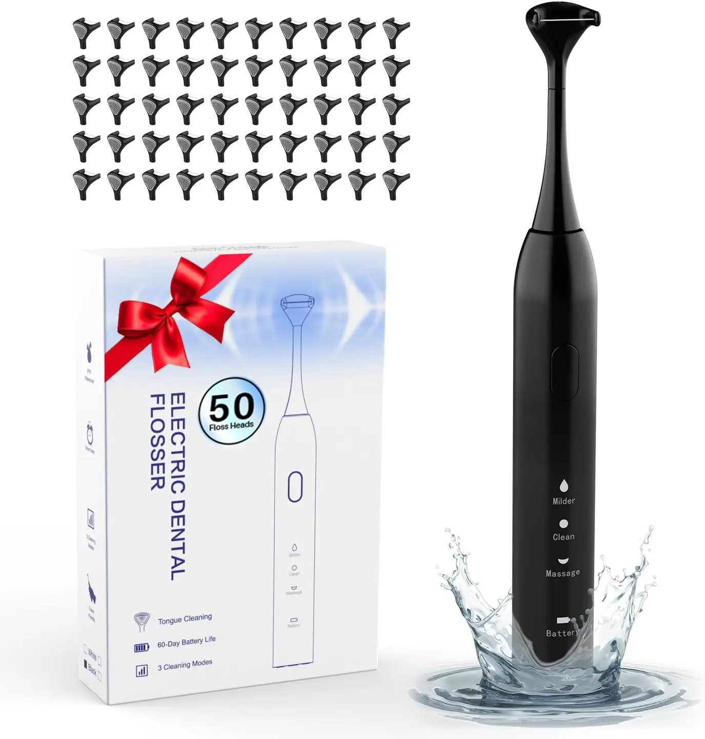 

3-in-1 Electric Flosser with 50 Refill Heads, 3 Modes, IPX7 Waterproof, 60-Day Battery