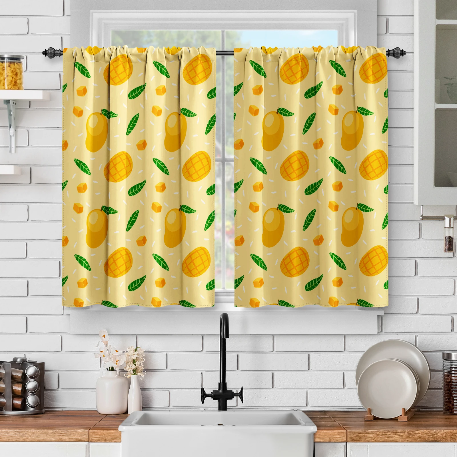 2 Panels Tropical Fruit Mango Kitchen Curtains,Farmhouse Rustic Nature Fruit Short Cafe Curtains Rod Pocket Window Drapes