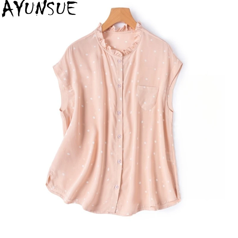 

AYUNSUE 100% Silk Women's Blouses and Shirts Sleeveless Tops for Woman Summer Sweet Shirt Woman Clothing High Quality Рубашка