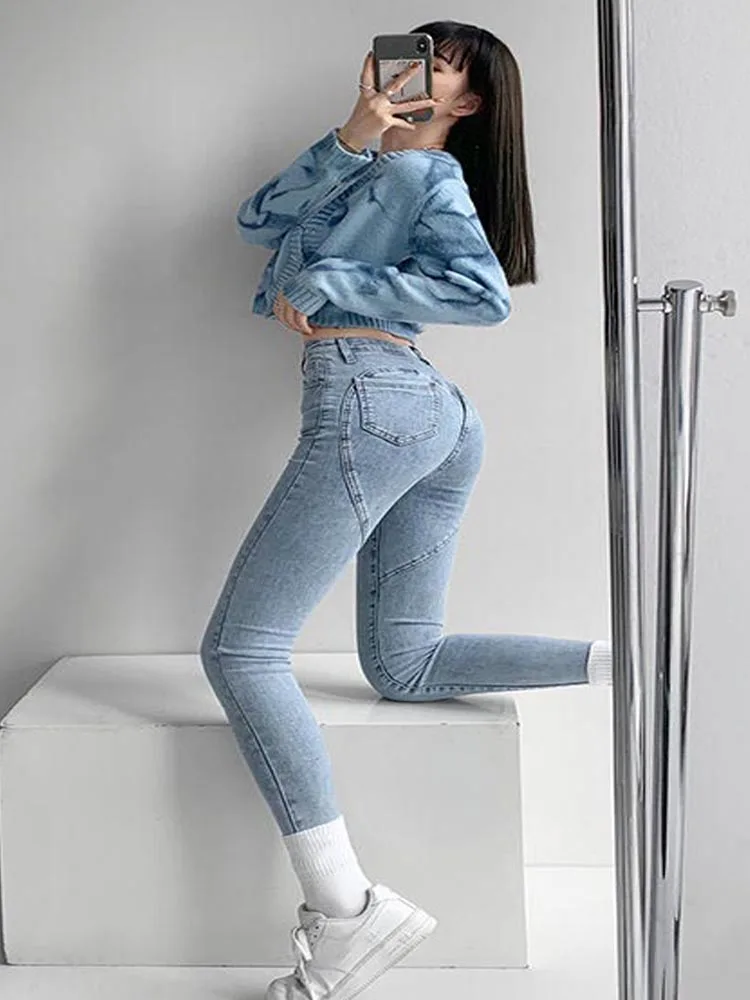 Imagem -04 - Jeans Retrô de Cintura Alta Feminino Quadril Pêssego Calça Elástica Calça Invisível de Assento Aberto Ajuste Justo Calça Emagrecedora Sexy Primavera