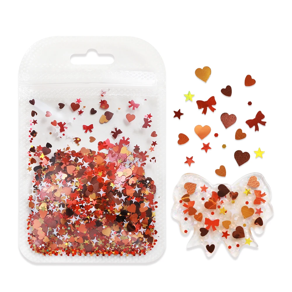5g Cute Sweet Sequins For Epoxy Resin Filling Reddish Brown Love Heart Bowknot Glitter Paillette Kawaii Resin Shaker Fillers DIY