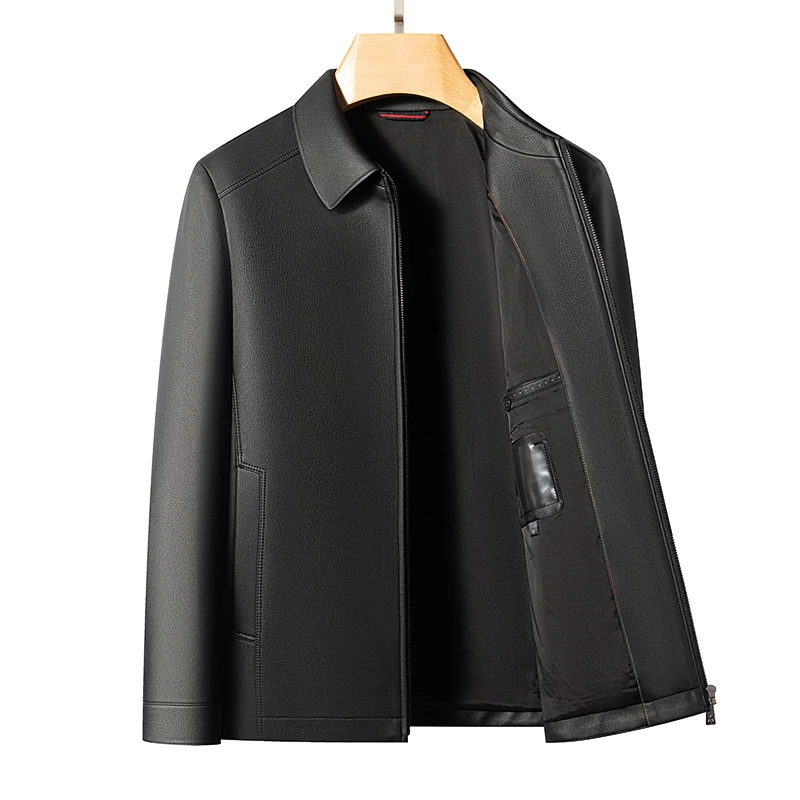 

New Spring/Autumn Haining Casual Genuine Leather Jacket for Men with Lapel Collar, High-End Plus Size Goatskin Outerwear