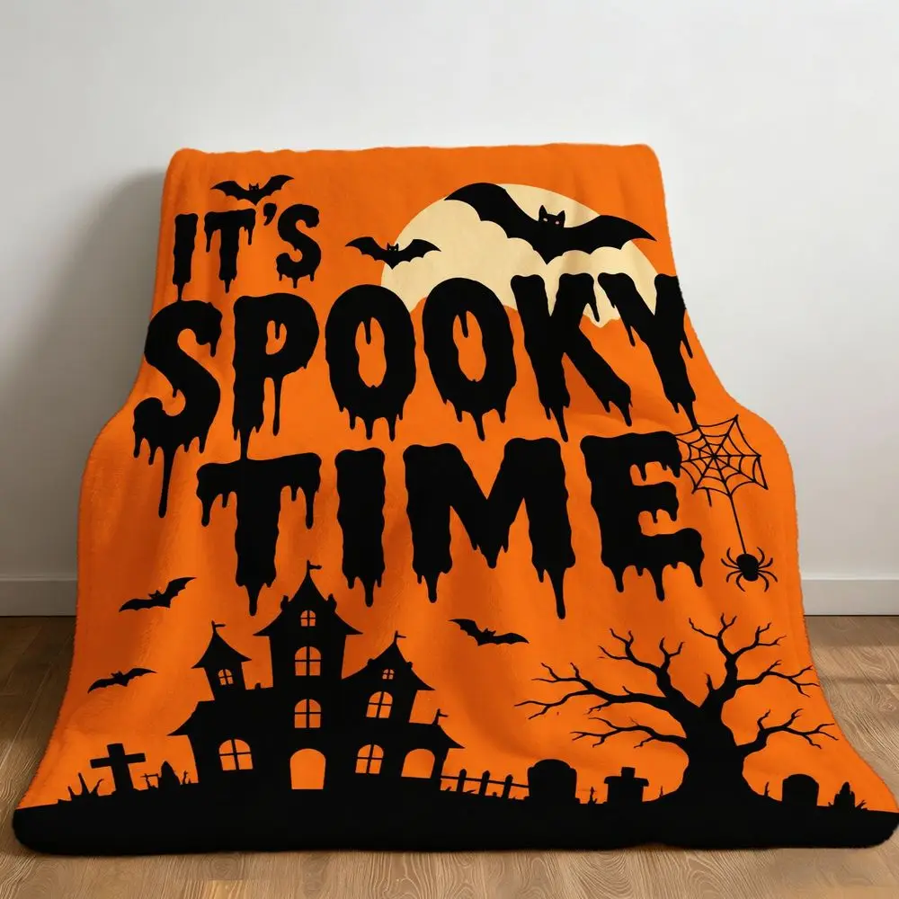 Halloween Fleece Throw Blanket Soft Cozy Large Orange Black Spooky Graphics IT's SPOOKY TIME Bats Full Moon Haunted Mansion Tree Spiderweb Graveyard for Sofa Couch Decor