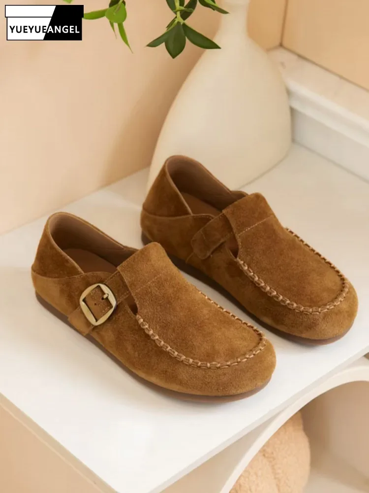 

Women Comfortable Round Toe Slip On Loafers Casual Flats Real Cow Suede Leather Shoes Autumn Vintage Buckle Low Cut Footwear