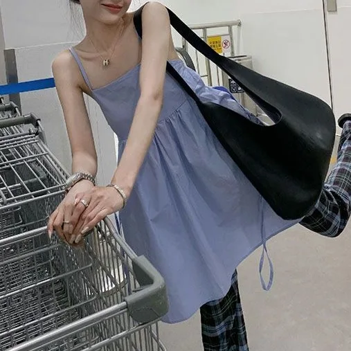 Blaues Träger-Tanktop für Damen, 2025, Sommer, neues Design, Sensation, süßer und würziger Stil, rückenfrei, lockeres und schmales Kleid