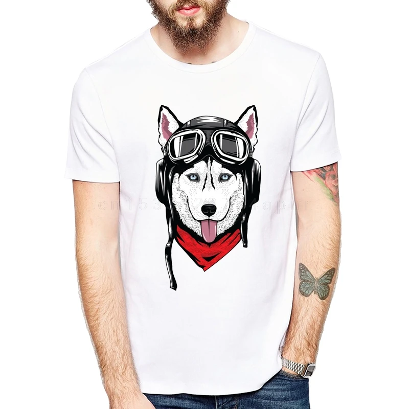 Husky with Helmet Printed Men T shirt Short Sleeve Casual t-shirt Hipster Pocket Cute Siberian Husky/ Chihuahua tees Cool Tops