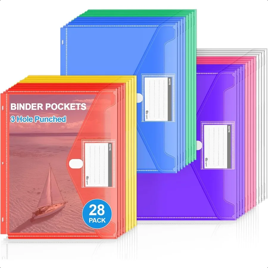 28 حزمة من المظاريف البلاستيكية مقاس A4 على شكل حرف أمريكي لـ 3 حلقات مع خطاف وحلقة إغلاق 7 ألوان مجلدات مستندات عالية