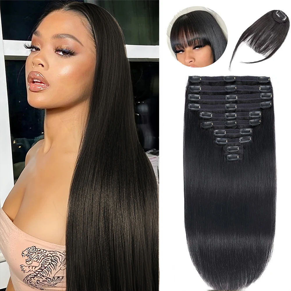 

14-дюймовые заколки для наращивания волос, настоящие человеческие волосы, 10 шт., черные прямые наращивания с челкой, двойные заколки для наращивания волос