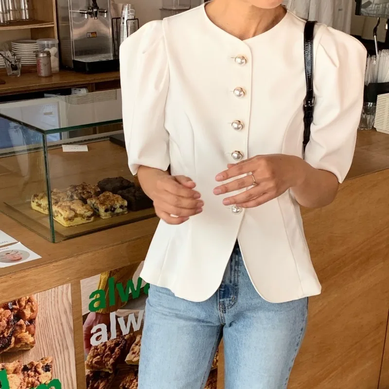 Neploe Fashion Simple O-neck Pearl Button Coat Women 2024 Summer New Slim Fit Jackets Y2k Puff Sleeve White Tops Mujer