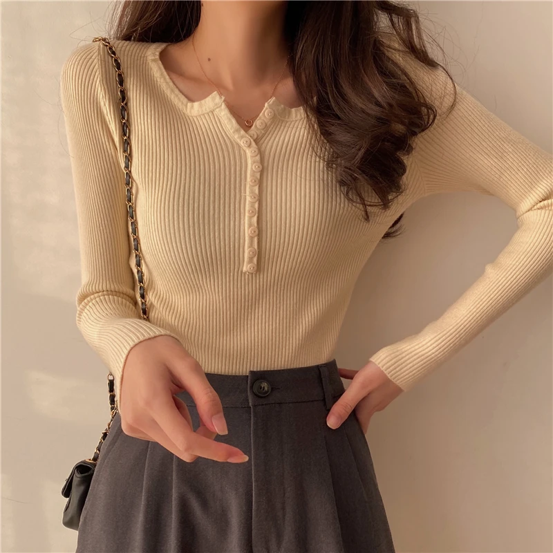 2024 Sweater Women Solid Color O-neck Pullovers Basic Primer Pull Femme Button Chic Jumper Soft Slim Autumn Knitted Sweaters