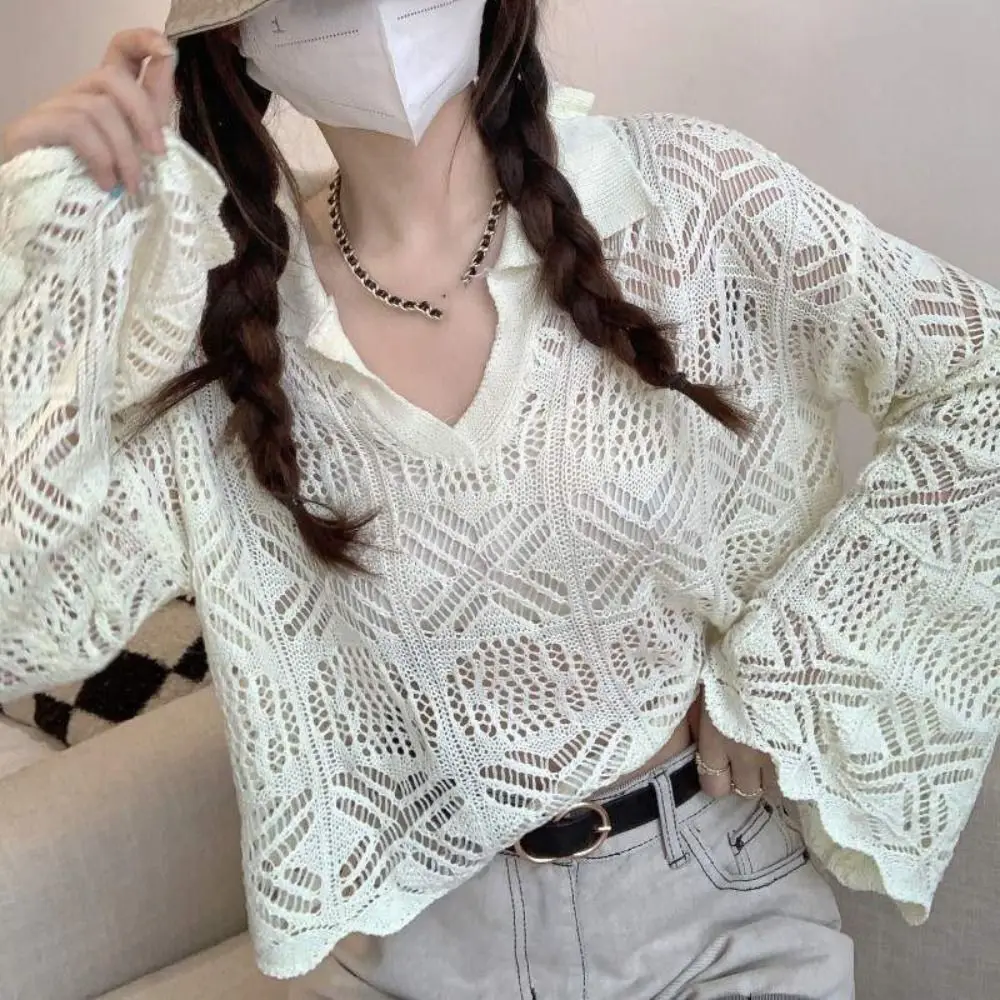 

Leisure V-neck Hollow Out Knit T-shirt Loose Long Sleeve Cover Up Crop Top Beachwear Korean Style Crochet Knitwear Streetwear