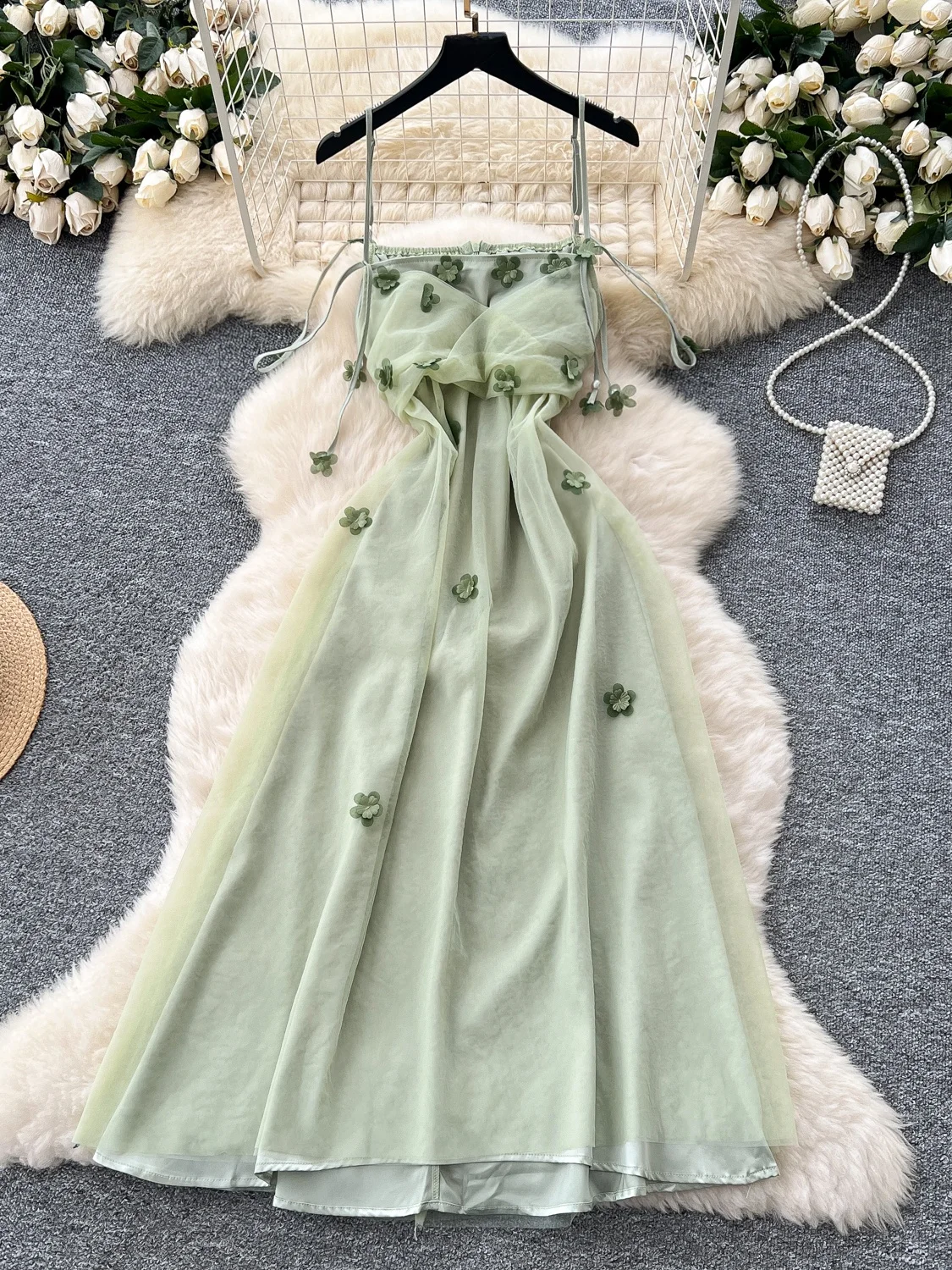 Vestido de Mujer Estilo Vacaciones en la Playa Verano 2025 Cintura Alta Falda Midi Línea A Manga Corta Vestido Ajustado con C...