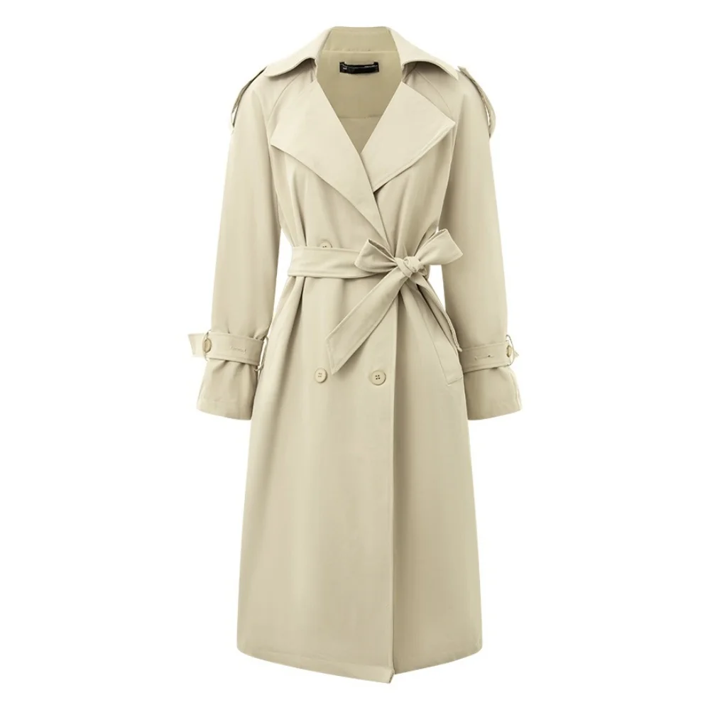 2024 Autumn Women\'s Polo collar Mid-length Jacket Buttons Lace-up Casual Stylish Trench Coat Everyday Commuter Outerwear