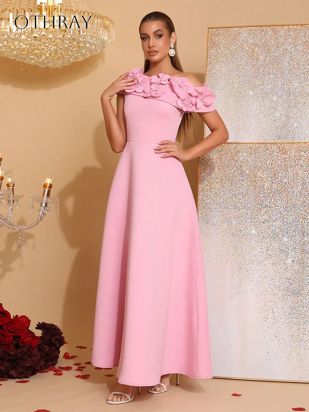 ワンショルダーフラワーAラインプロムドレスプリーツサテン足首丈カスタマイズされたドレス